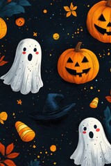 Cute Happy Halloween Seamless Pattern with Playful Ghosts, Pumpkins, and Candy Corn