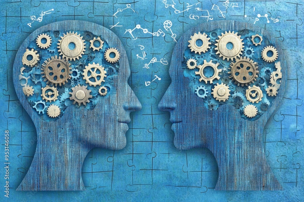 Poster insight love mechanical blueprints of two heads with gears and circuits representing the mechanical 