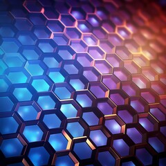 A vibrant geometric pattern with hexagonal shapes in various shades of blue and purple.