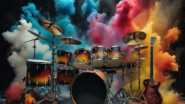  Drum Kit with Colorful Smoke Background