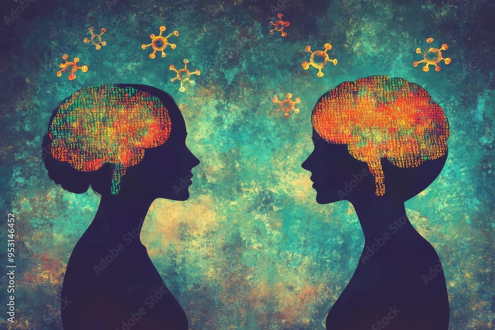 Poster creativity love colorful artistic representation of two human profiles with abstract brains reflecti