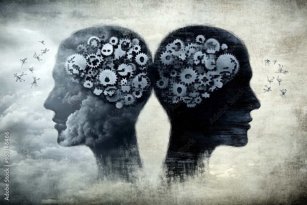 Poster learning love abstract monochrome depiction of two brains with mechanical gears representing the int