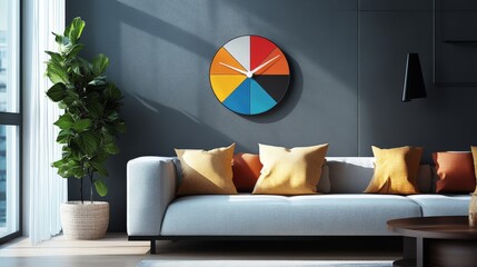 Design a contemporary wall clock with a geometric pattern and bold colors.