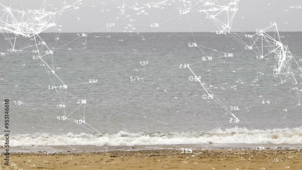 Poster network of connections and data processing animation over beach and ocean