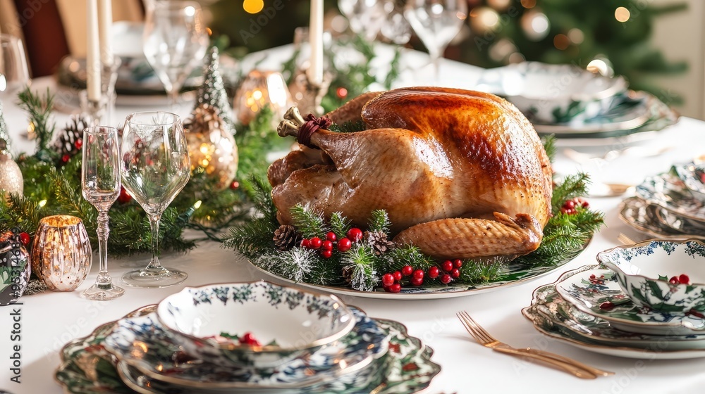 Canvas Prints Design a festive dining table set for a Christmas feast, complete with a beautifully roasted turkey, colorful side dishes, and elegant holiday tableware.