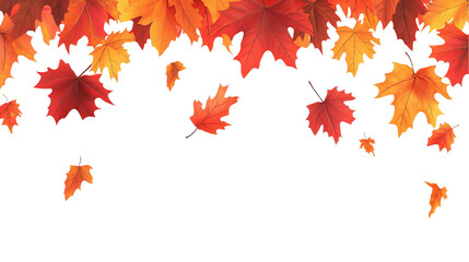 A seamless border of falling autumn leaves in shades of red, orange, and yellow against a white transparent background.
