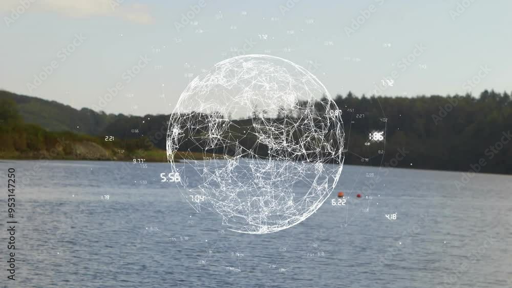 Aufkleber network connections and data points animation over serene lake and forest background
