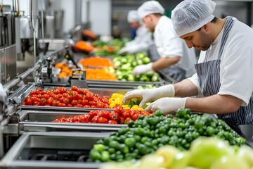 Obraz premium Fresh Produce Sorting and Packaging in a Food Processing Plant with Conveyor Belt