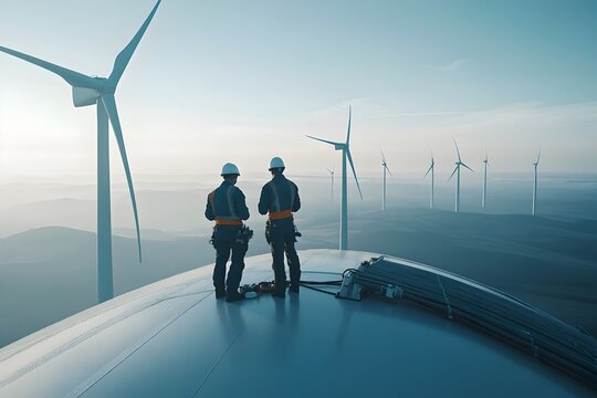 Technicians Performing Maintenance on Offshore Wind Turbines for Renewable Energy Production