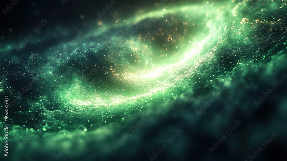 Poster glowing neon green swirl of 3d lines particles spinning in an abstract background leaving visible tr