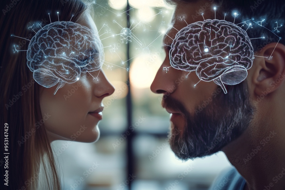 Poster mind loving profile view of a couple with digitally rendered brains portraying the connection betwee