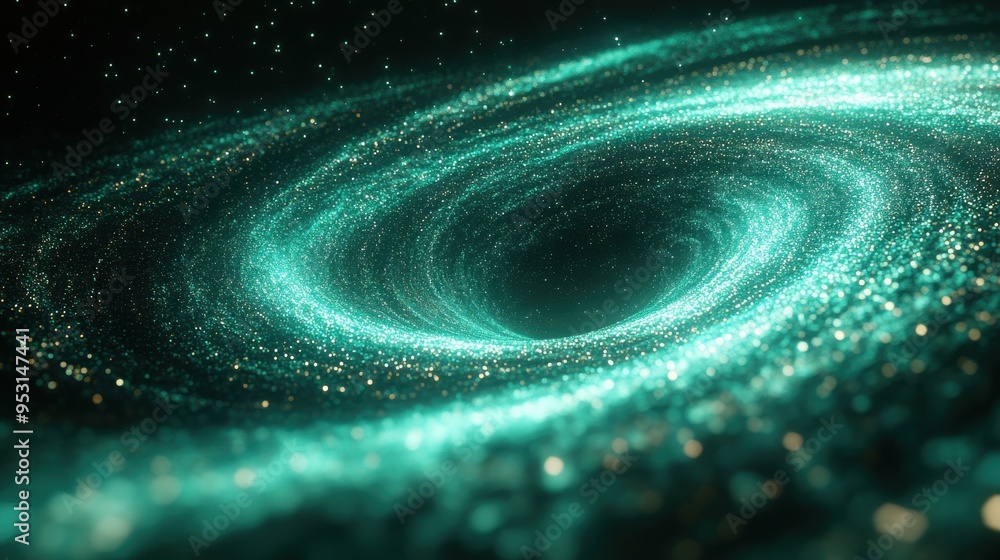 Poster glowing neon green swirl of 3d lines particles spinning in an abstract background leaving visible tr