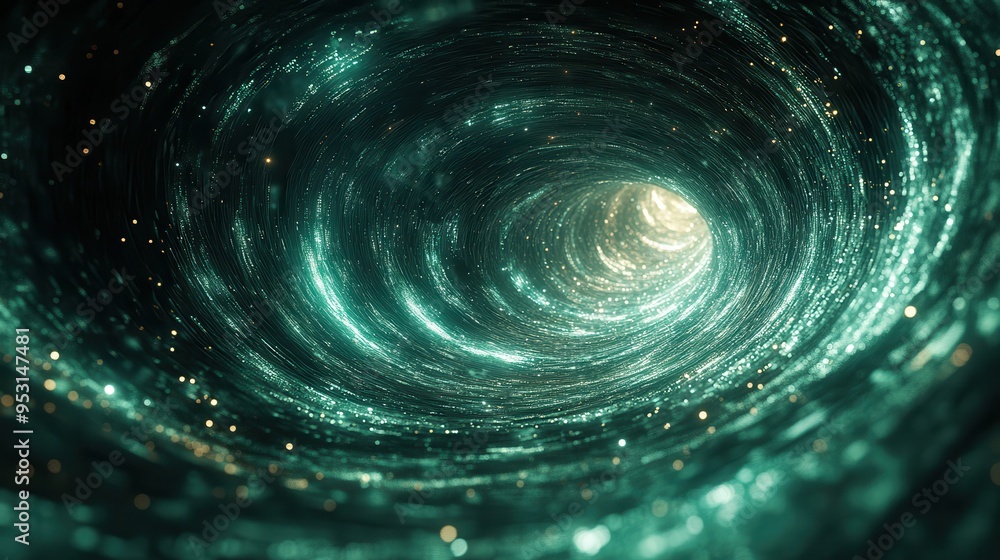 Poster glowing neon green swirl of 3d lines particles spinning in an abstract background leaving visible tr