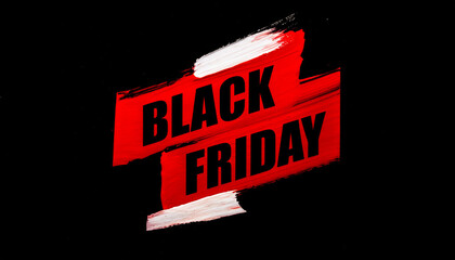 Black Friday concept Bold text title on vibrant red and white brush stroke ink hand painted isolated on black background, promotions advertising badge banner sale.