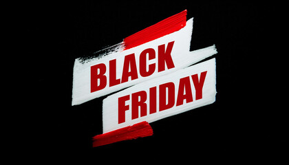 Black Friday concept Bold text title on vibrant red and white brush stroke ink hand painted isolated on black background, promotions advertising badge banner sale.