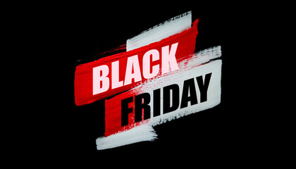 Black Friday concept Bold text title on vibrant red and white brush stroke ink hand painted isolated on black background, promotions advertising badge banner sale.