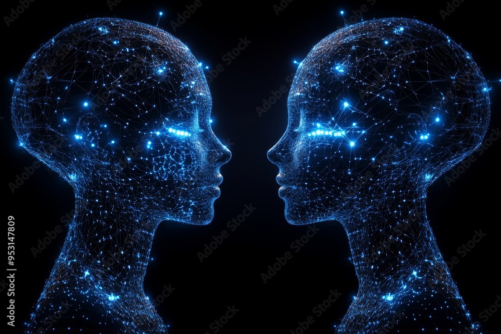 Aufkleber memory loving futuristic digital visualization of two human profiles their brains illuminated by a n