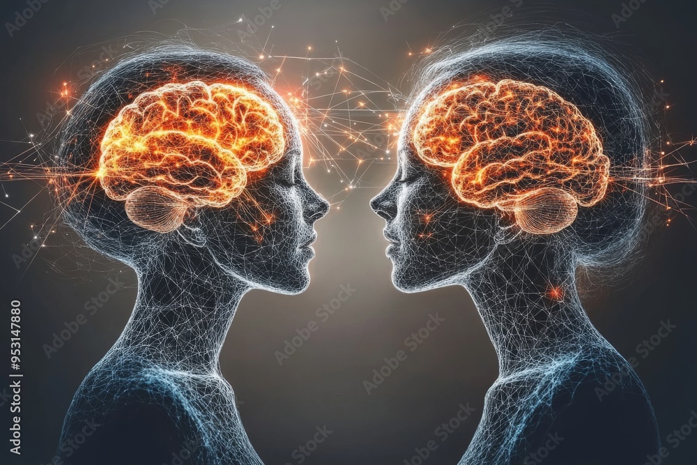 Poster awareness loving high tech image of two human profiles facing each other their brains connected by f