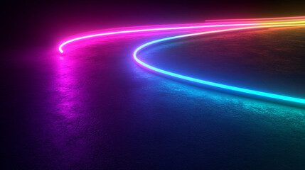 Vibrant neon light trails create dynamic patterns in a dark urban setting at night