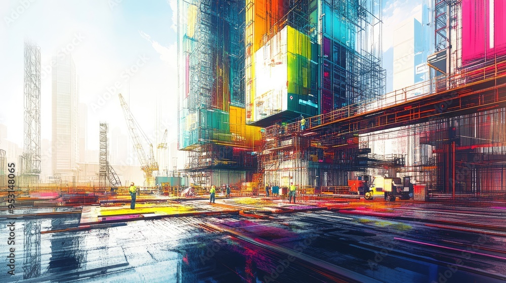 Poster a vibrant construction site with colorful structures and workers engaged in building activities.