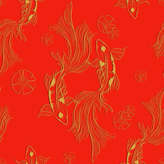 Vector banner with traditional Chinese elements and ornament. Koi carp in gold color black red background with peony flowers. Chinese background.fish koi japanese chinese design sketch ink paint style