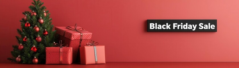 Black Friday sale text with a Christmas tree and wrapped gifts, holiday discount event, 3D illustration