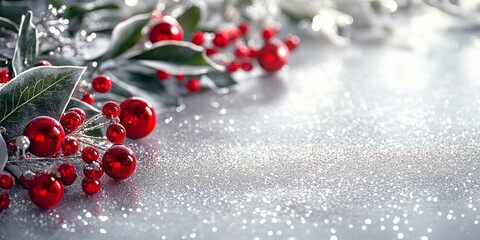 christmas background with silver christmas. A luxurious christmas background with mistletoe and baubles around the edges with glitter scattered across the page.luxury christmas.