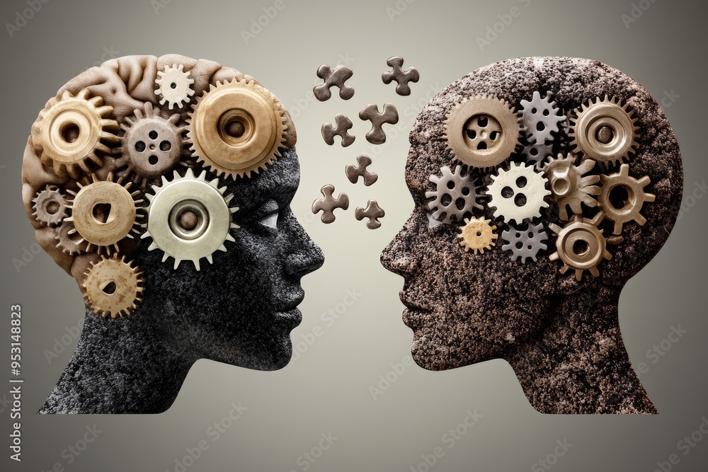 Poster thinking loving abstract mechanical illustration of two heads filled with gears and puzzle pieces sy