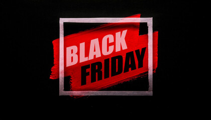Black Friday concept text title with skewed vibrant red brushstroke, white square frame, isolated black background, poster promotions advertising badge banner sale.