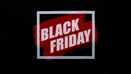 Black Friday concept text title with skewed vibrant red brushstroke, white square frame, isolated black background, poster promotions advertising badge banner sale.