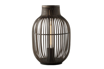 A brown wicker lamp with a light bulb inside.