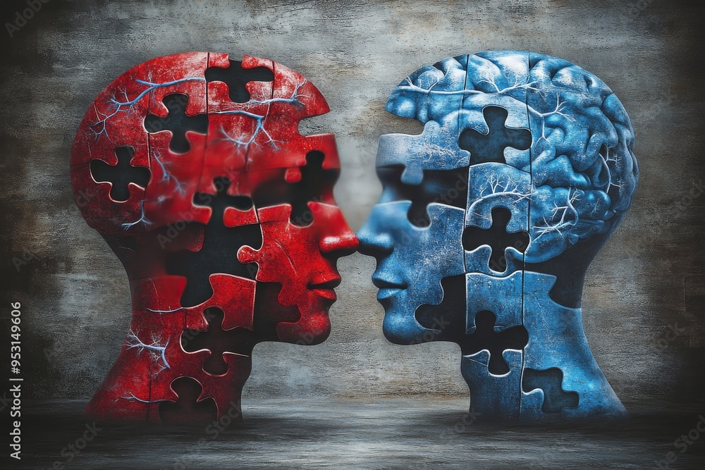 Poster awareness couple conceptual illustration of two profiles facing each other with puzzle pieces symbol