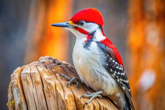 A bright, bold woodpecker perches on a weathered tree trunk, its vibrant red cap and white feathers contrasting against the rustic, textured wooden backdrop.