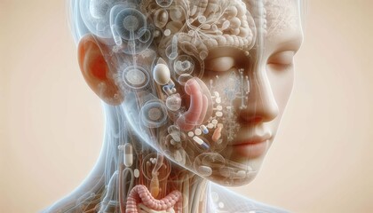 Complex visualization of the human head integrating pharmaceutical elements, analog circuits, metabolism processes, and various drugs for innovative medical research.