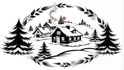 Winter landscape graphic design for greeting card, festive and artistic style with copy space