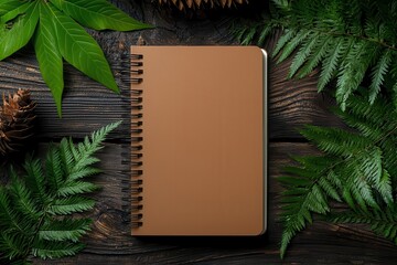 Blank notebook mockup with customizable cover, placed on a rustic wooden table with natural elements around, blank notebook mockup, rustic setting
