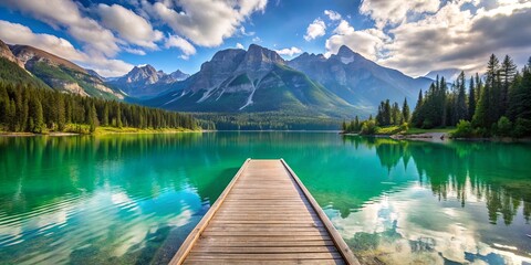 Wooden dock extending into tranquil turquoise lake with stunning mountain backdrop
