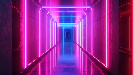 A futuristic hallway illuminated by colorful neon lights in a modern urban setting at night