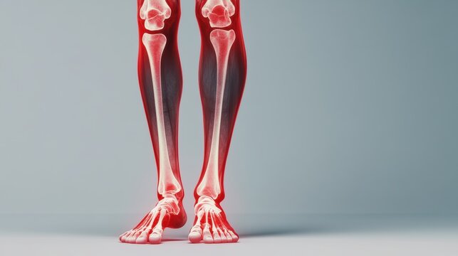 Medical illustration of osteomyelitis in the leg bone, X-ray view showing infection and pain points