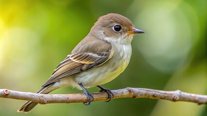Fototapeta premium A Close-Up Of A Least Flycatcher Bird Perched On A Branch, Its Small Size And Olive-Brown Plumage Evident