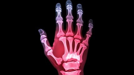 X-ray of a human hand with rheumatoid arthritis, highlighting pain points and joint deformities