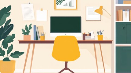 professional workspace with a modern desk setup, including a desktop computer, office supplies, and a stylish chair.