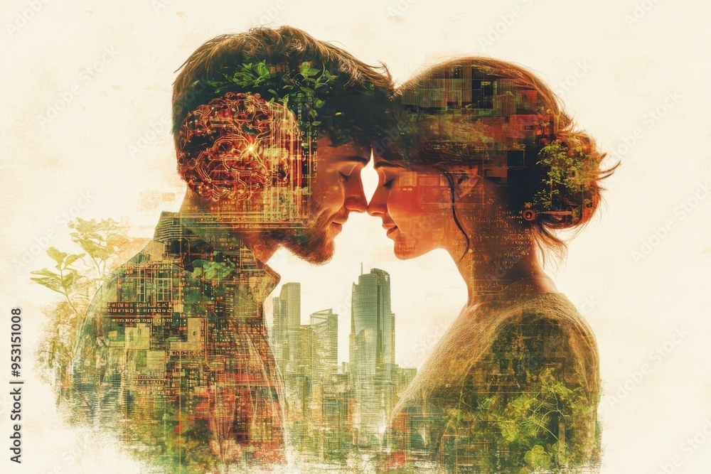 Poster cognitive couple illustration of a brain divided into warm and cool sections symbolizing the balance