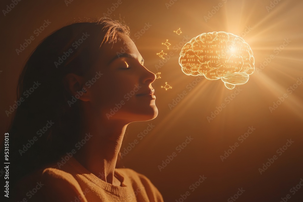 Poster mindfulness couple silhouette of a woman with a glowing brain contemplating deep thoughts in a seren