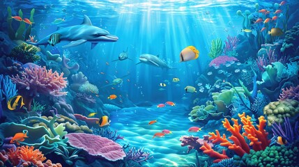 Fototapeta premium Underwater Scene with Dolphins Coral Reefs and Colorful Fish