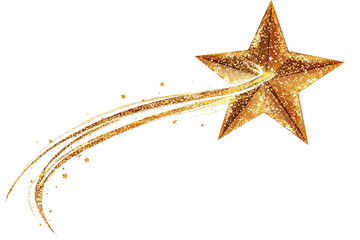 A golden shooting star with a sparkling trail against a white transparent background.