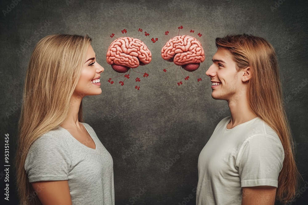 Wall mural Thought Romance Digital illustration of two women facing each other with brains floating between them symbolizing the exchange of ideas communication and intellectual connection