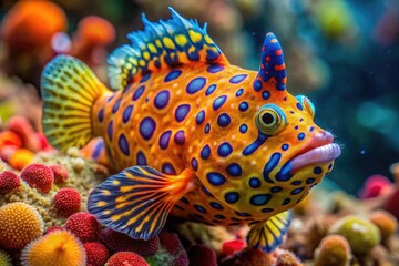 A colorful frogfish with striped fins and spots lurks among coral branches, its camouflage blending seamlessly into the vibrant underwater landscape of the Indo-Pacific ocean.