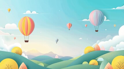 Obraz premium Colorful Hot Air Balloons Soaring Above Green Hills and Clouds