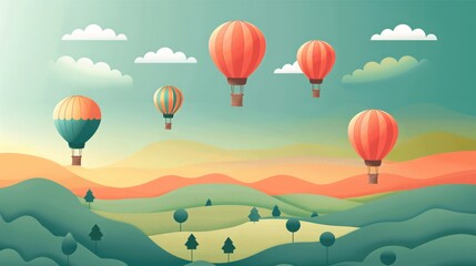 Fototapeta premium Colorful Hot Air Balloons Soaring Over Rolling Hills